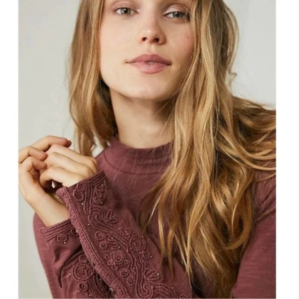We The Free | Hooked On You Embroidered Cuff Long Sleeve Top in Burgundy Medium